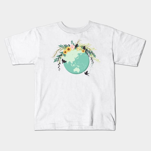 Cute Earth Day Floral Globe Kids T-Shirt by SWON Design